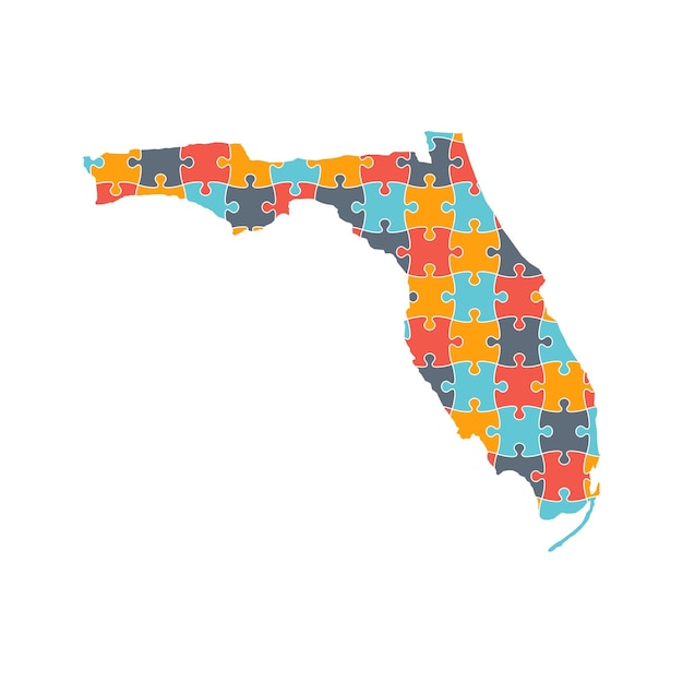 Un logo représentant une carte de la Floride avec un motif de puzzle signifiant l'alerte et la sensibilisation à l'autisme
