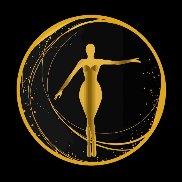 Vecteur un logo rond noir avec un aspect métallique et une danseuse à l'intérieur