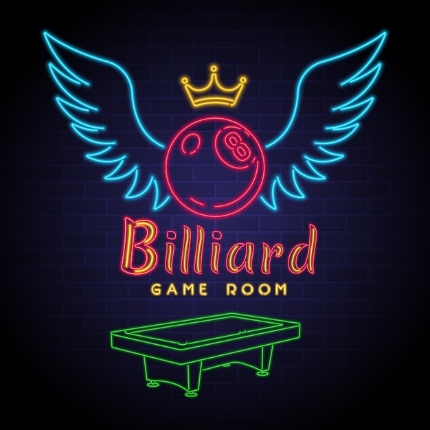 Vecteur logo de salle de jeux de billard avec style néon