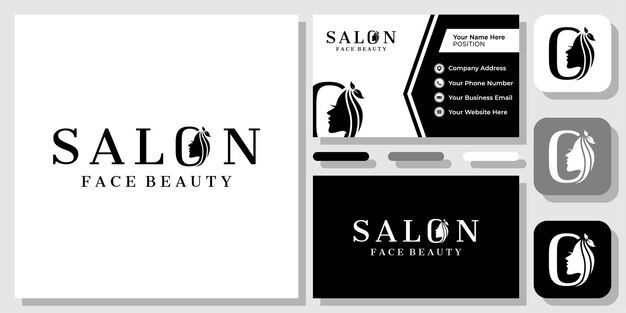 Vecteur logo de salon beauté visage femme fille cheveux belle icône création de logo avec modèle de carte de visite