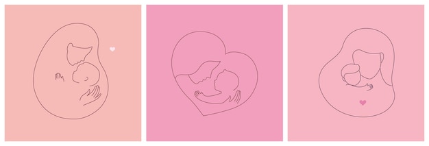 Vecteur logo set mère avec un bébé dans ses bras maternité heureuse dessin au trait hugs with love