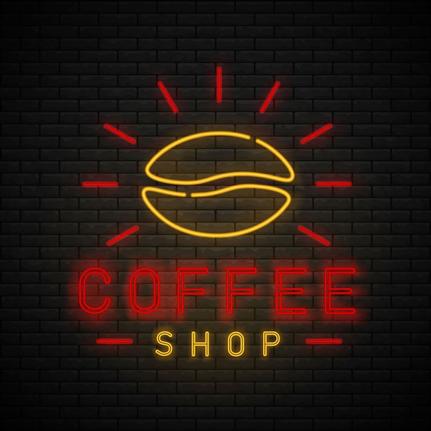 Logo de signe lumineux néon de café-restaurant. Café au néon sur mur de briques. L'heure du café.