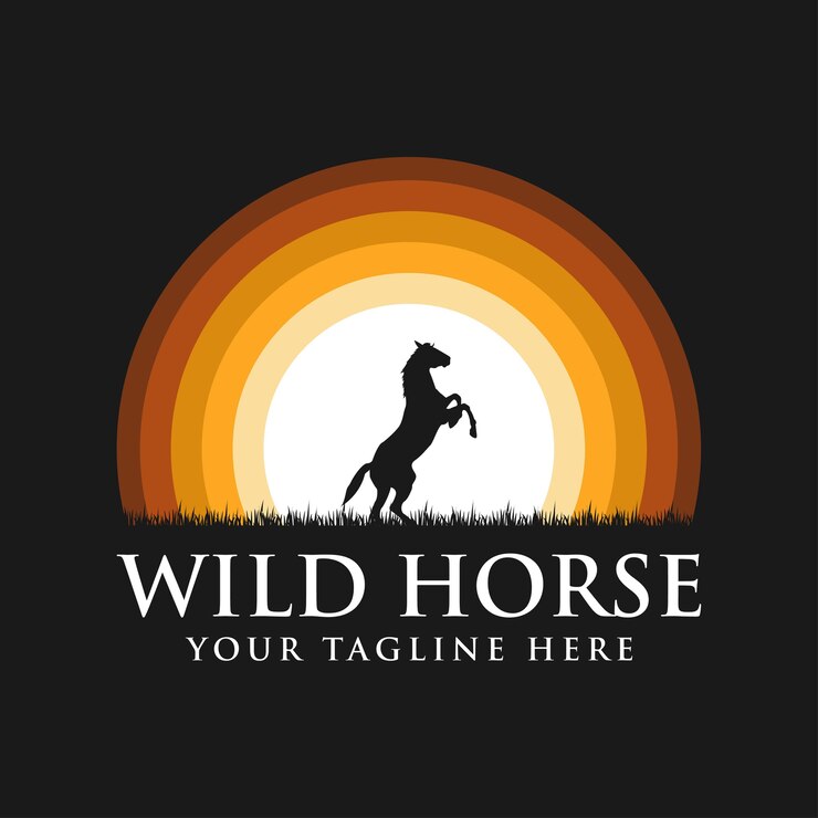 Vecteur logo de silhouette de cheval noir avec fond de coucher de soleil