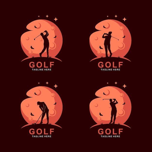 Logo De Silhouette De Golf Sur La Lune Avec Papillon