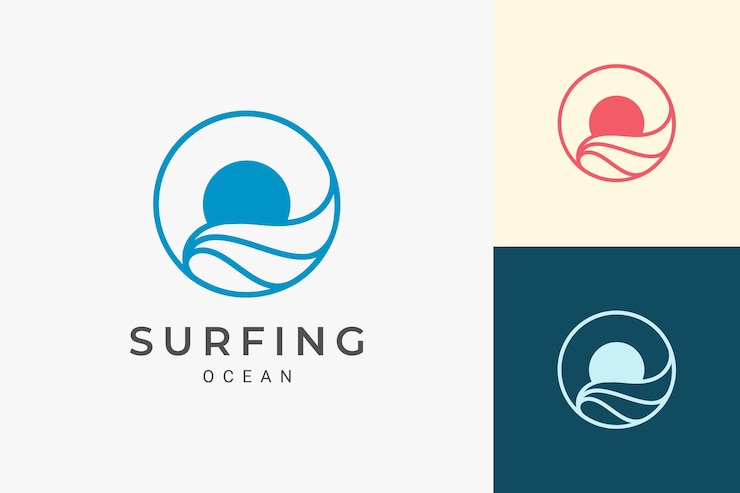 Vecteur logo simple de mer ou de surf avec vague océanique et soleil en forme de cercle