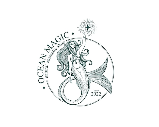Logo de sirène Illustration vectorielle de modèle de marque Sirène et fille marine avec une queue Illustration vectorielle dessinée à la main vintage pour logo et affiche