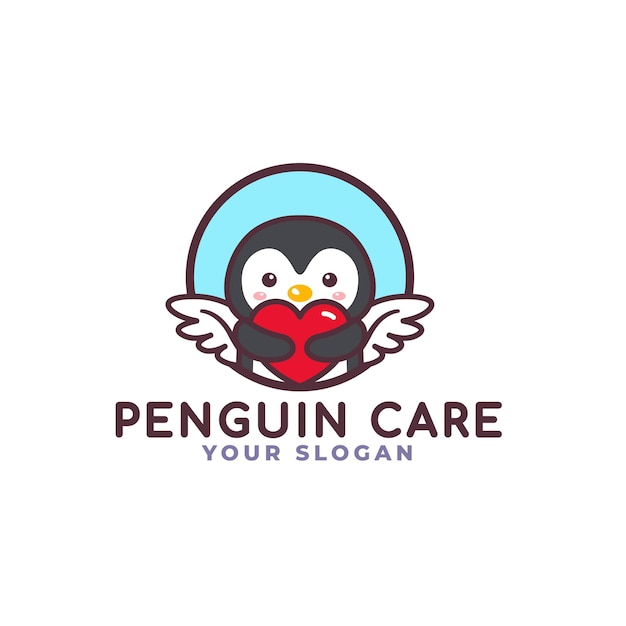 Logo De Soins De Coeur étreignant Oiseau Pingouin Mignon