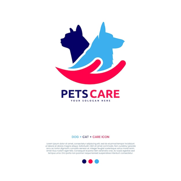 Vecteur logo de soins pour animaux de compagnie avec chien chat et symboles de la main