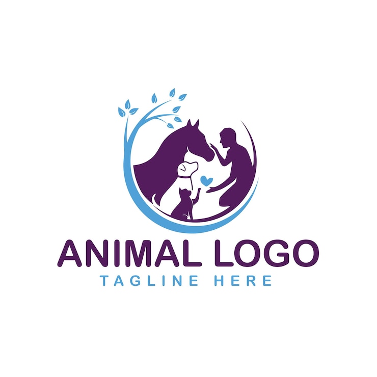 Vecteur logo de soins pour animaux de compagnie avec symboles chien, chat, oiseau et main