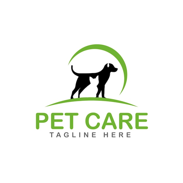 Logo de soins pour animaux de compagnie avec symboles chien, chat, oiseau et main