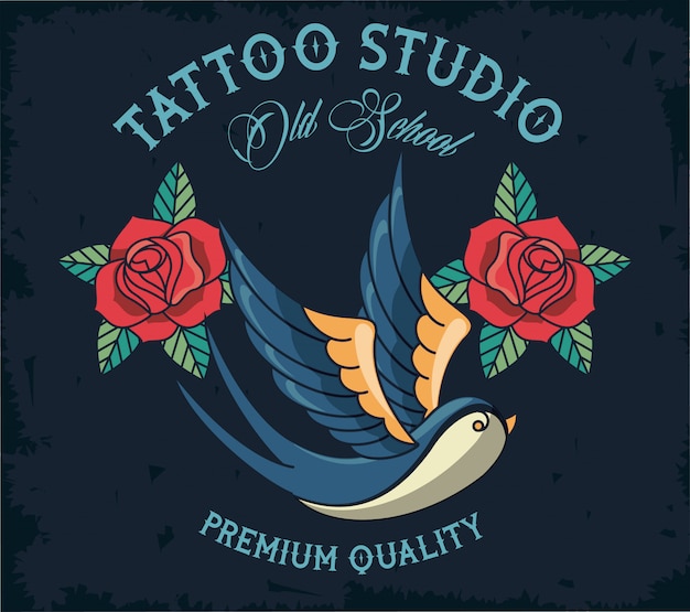 Vecteur logo de studio de tatouage oiseau et roses