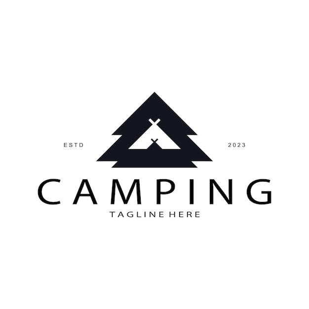 Vecteur logo de tente vintage et rétro camping avec arbre de tente et signe de feu de joie aventuriers scouts grimpeurs