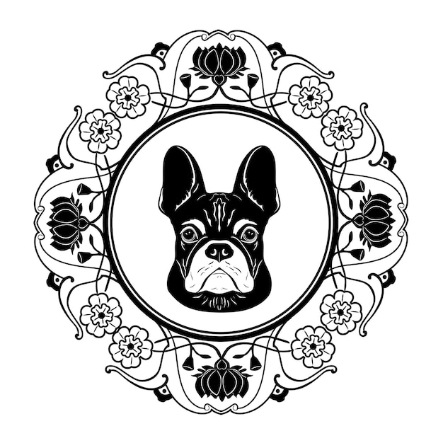 Vecteur logo de tête de chien avec cadre floral silhouette faite à la main modèle 63