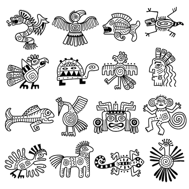 Logo Tribal Antique. Icônes Aztèques Mexicaines Décoration Animaux Modèle Maya Collection Vectorielle Récente. Logo De L'histoire Maya Antique, Illustration Des Animaux Indigènes De La Culture