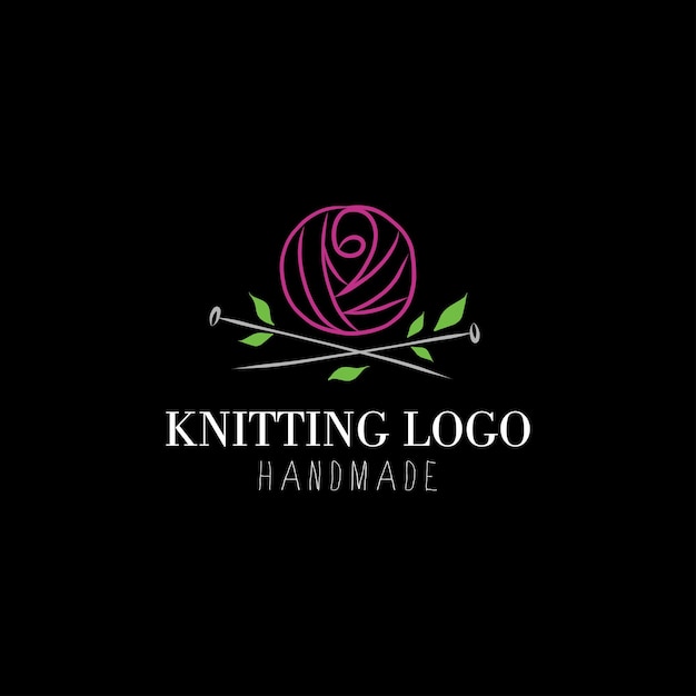 Logo de tricot Le logo de dessin à la main contient de la laine en forme de rose et des aiguilles à tricoter avec des feuilles