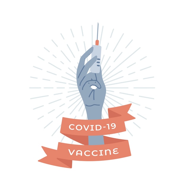 Logo De Vaccination Arrêtez Le Coronavirus. Main Dans Un Gant Médical Tenant Une Seringue Médicale Avec Une Aiguille. Affiche De Propagande Avec Texte Vaccin Covid-19 Sur Ruban Rouge.