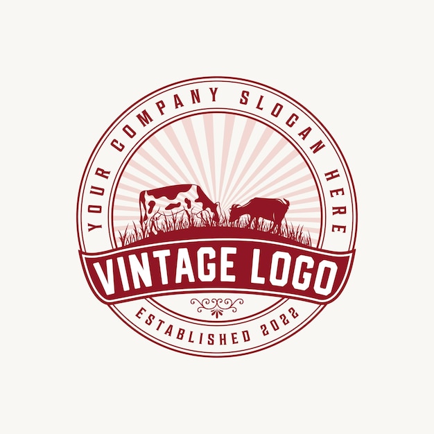 Vecteur logo vectoriel badge vintage rétro avec ferme de vache, poulet et chèvre avec modèle vintage