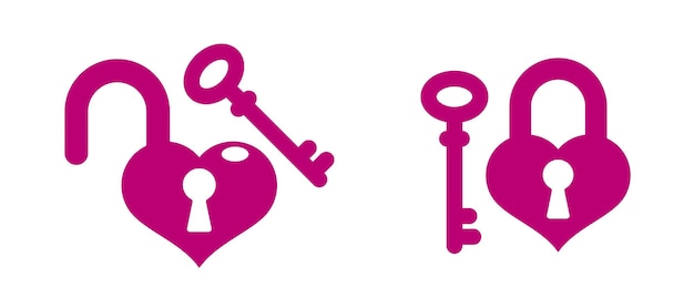 Logo Vectoriel Ou Icône De Cadenas En Forme De Coeur, Thème D'amour De Verrouillage Et Clé En Main En Forme D'émotions De Coeur Ouvert Ou Fermé, Concept De Sentiments Secrets, Thème De La Saint-valentin.