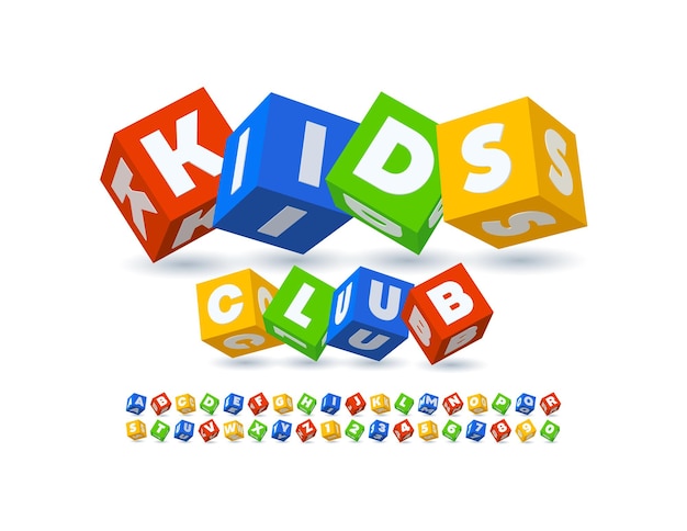 Logo vectoriel ludique Kids Club Cube 3D Police Blocs colorés Alphabet Lettres et Chiffres