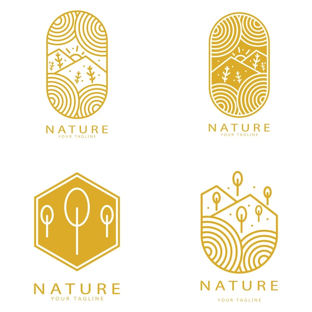 Logo Vectoriel Nature Avec Arbres Rivières Mers Montagnes Emblèmes Commerciaux Badges De Voyage Santé écologique