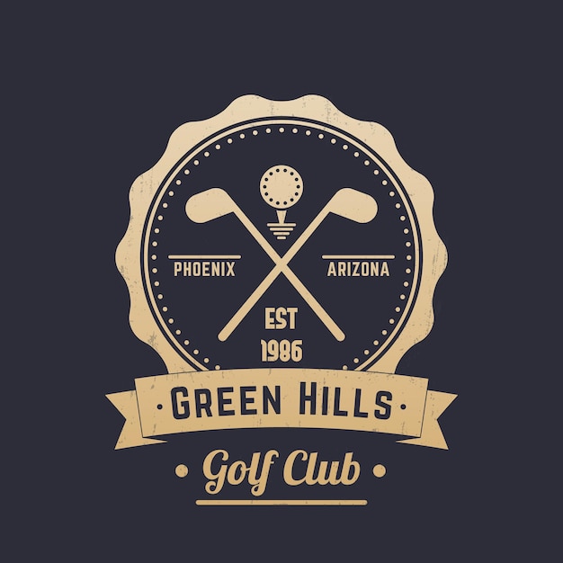 Vecteur logo vintage de club de golf, emblème, clubs de golf croisés, or sur dark