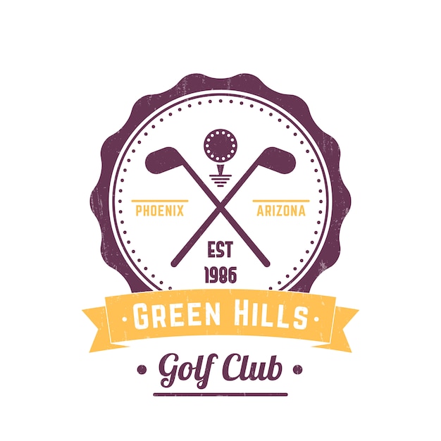 Logo Vintage De Club De Golf, Emblème, Signe Vintage De Club De Golf, Clubs De Golf Croisés Et Balle Sur Blanc, Illustration