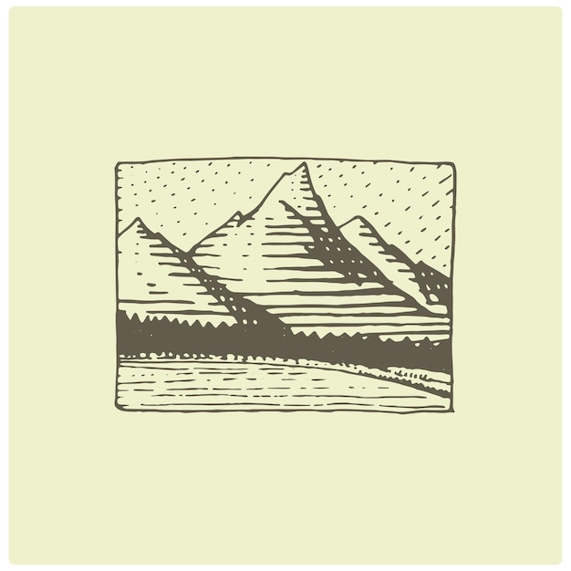 Logo Vintage Gravé Avec Des Montagnes Dans Un Style De Croquis Dessiné à La Main Ancien Badge Rétro Pour Les Parcs Nationaux Et Le Thème Du Camping Alpin Et De La Randonnée