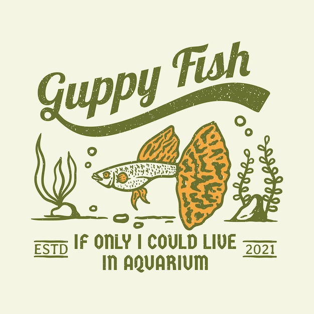 Logo Vintage De Poisson Guppy Queue Jaune Avec Grunge Sur Fond Blanc