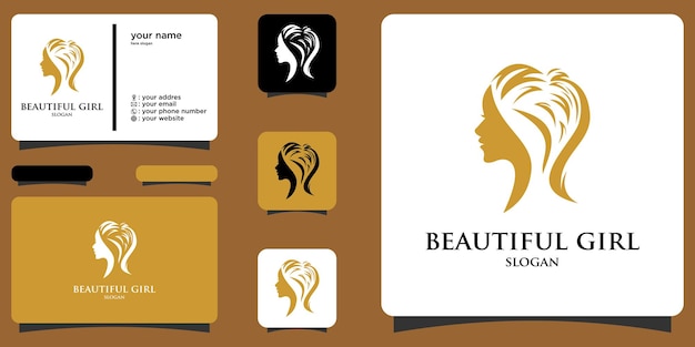 Vecteur logo de visage de femme élégante avec vecteur premium de carte de visite