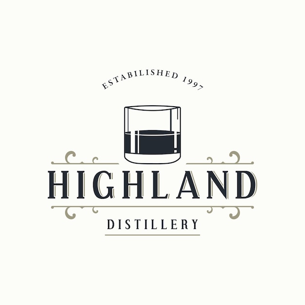 Vecteur logo de whisky bourbon avec décoration vintage rétro de luxe pour étiquettes badges bars restaurants