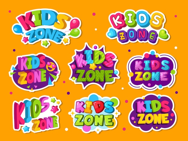 Logo de la zone enfants. Emblème coloré pour la salle de jeu des enfants jouant des étiquettes de style de décor de zone. Illustration salle de jeux et étiquette de jeu, kidzone coloré