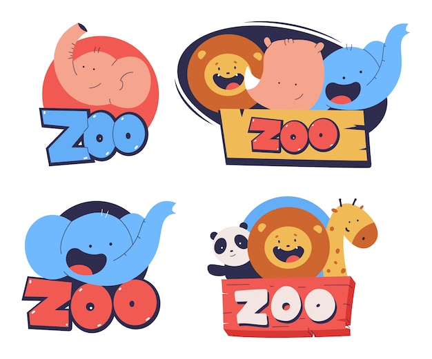 Logo De Zoo Mignon Avec Jeu De Dessin Animé De Têtes D'animaux Isolé Sur Fond Blanc.