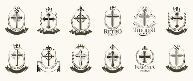 Logos Ou Emblèmes Vectoriels De Croix Chrétiennes Vintage, Grand Ensemble D'éléments De Conception Héraldique, Symboles De Religion Héraldique De Style Classique, Dessins Antiques.