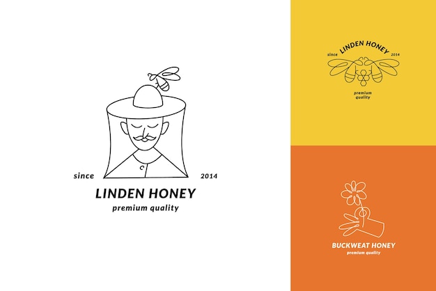 Vecteur logos d'illustration vectoriels et modèles de conception ou insignes étiquettes et étiquettes de miel biologique et écologique avec des abeilles style linéaire