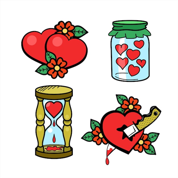 Logos Vintage Vectoriels Sur L'amour. Joyeuse Saint Valentin! Bocal En Verre Rempli De Coeurs, Coeur Percé D'un Couteau, Deux Coeurs, Coeur Saignant Dans Le Sablier.