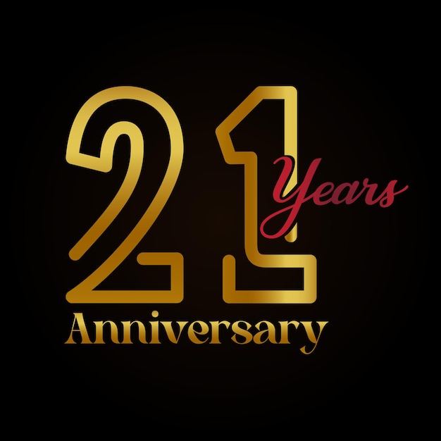 Vecteur logotype de célébration du 21e anniversaire avec un design élégant de couleur dorée et rouge manuscrite.