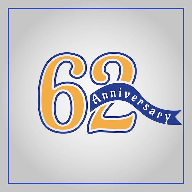 Vecteur logotype de célébration du 62e anniversaire coloré en jaune et bleu, à l'aide d'un vecteur de ruban bleu.