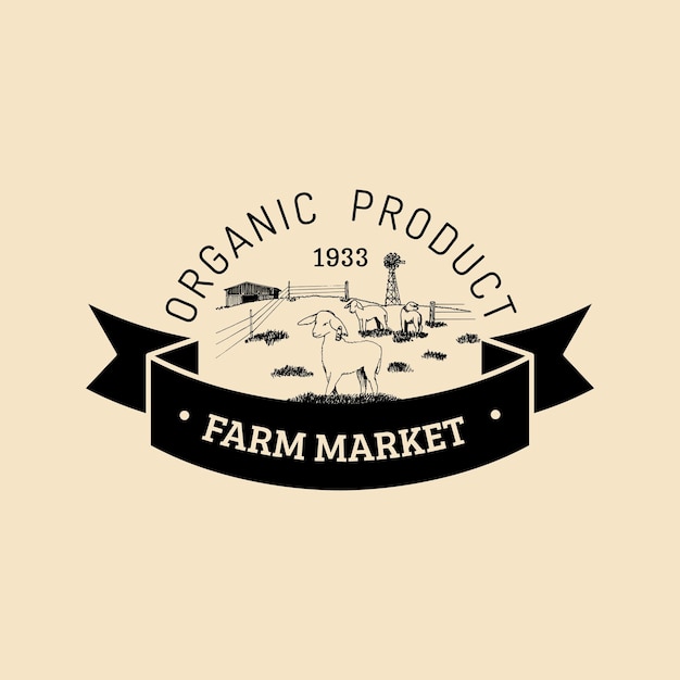 Logotype de ferme familiale rétro vectoriel Insigne de produits biologiques de qualité supérieure Illustration de paysage rural esquissée à la main