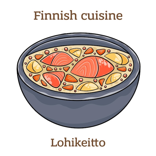 Lohikeitto La Soupe à Base De Pommes De Terre Au Saumon Et De Poireaux Et Parfois Ajouter Du Lait Aliments Finlandais Image Vectorielle Isolée