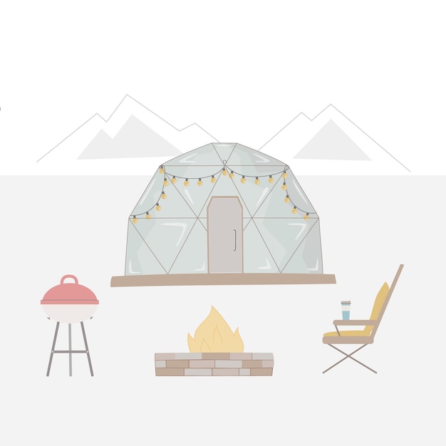 Loisirs en plein air dans la nature Glamping avec illustration vectorielle de feu de joie barbecue chaise