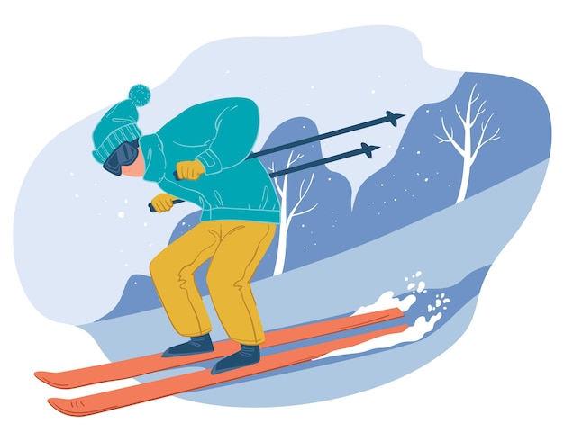 Vecteur loisirs sportifs d'hiver et mode de vie actif pendant la saison froide. personnage équipé en descente, personnage masculin de ski. paysage enneigé de forêt et sommets de montagnes. vecteur dans un style plat