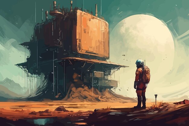 Lone Wanderer vagabond orange sur une planète inconnue Illustration vectorielle