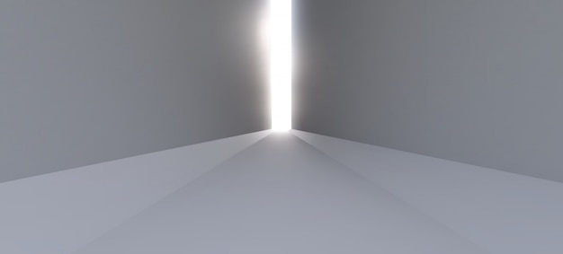 Un long couloir blanc vide avec des rayons de lumière au bout du chemin