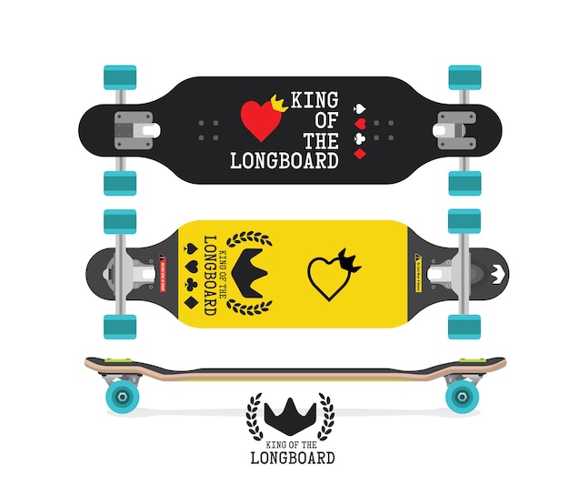 Vecteur longboard trois vues vue de dessus, de côté et de dessous