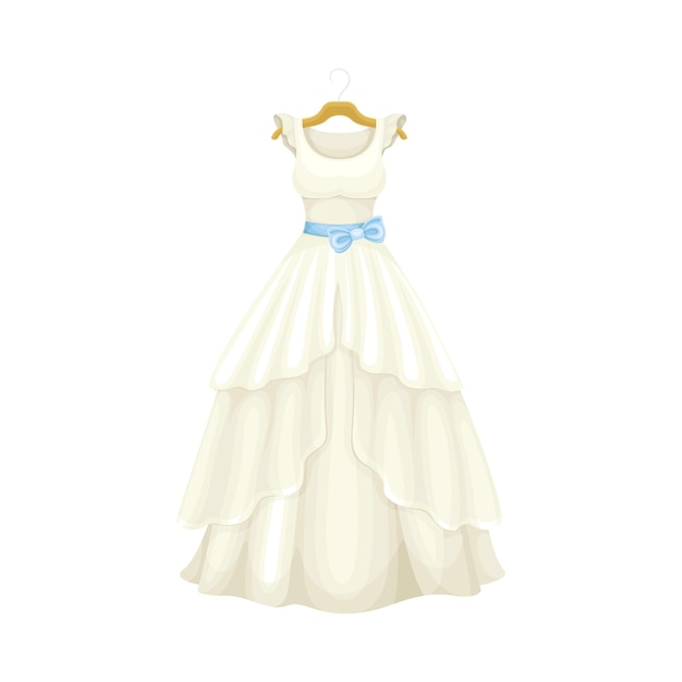 Longue robe de mariée blanche avec ceinture de taille sur pendu Illustration vectorielle en gros plan