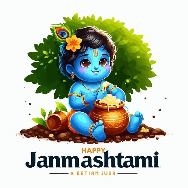 Vecteur lord shree krishna beautiful cute wallpaper poster krishna janmashtami concept illustration