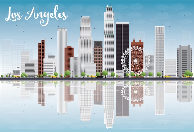 Los Angeles Skyline Avec Bâtiments Gris Et Ciel Bleu