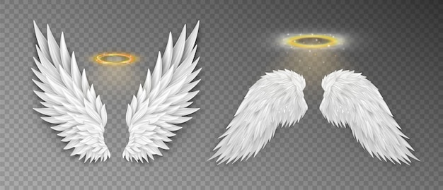 Vecteur lot de 2 ailes d'ange blanc pur et nimbe brillant halo de saint auréole 3d réaliste et ailes angéliques