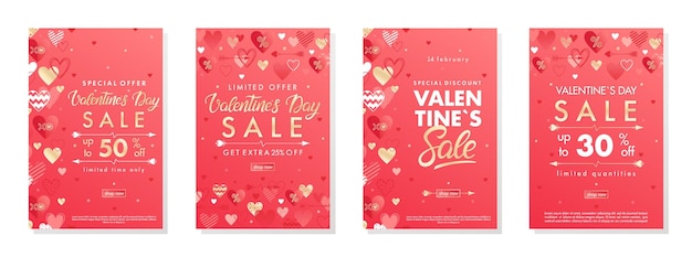 Vecteur lot de bannières d'offre spéciale pour la saint-valentin avec des coeurs et des éléments en feuille d'ormodèles de vente parfaits pour les impressions flyers bannières promotions offres spéciales et pluspromotions vectorielles de la saint-valentin