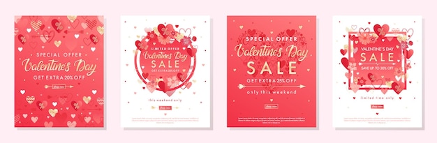 Vecteur lot de bannières d'offre spéciale pour la saint-valentin avec des coeurs et des éléments en feuille d'ormodèles de vente parfaits pour les impressions flyers bannières promotions offres spéciales et pluspromotions vectorielles de la saint-valentin